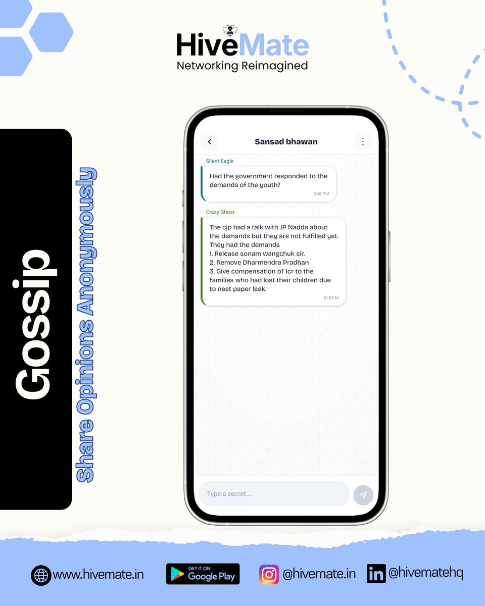 Hivematehq's tweet photo. 🔥 Cockroach Janta Party? Sansad Bhawan? Sonam Wangchuk? Delhi Protest?
Every major event sparks thousands of opinions, but where do people actually discuss them anonymously without revealing their identity?
Check out HiveMate's gossip page.

📲 Download 
https://t.co/cOprohXMv1 https://t.co/iNH1GkgJCT
