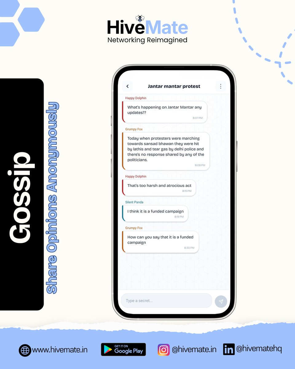 Hivematehq's tweet photo. 🔥 Cockroach Janta Party? Sansad Bhawan? Sonam Wangchuk? Delhi Protest?
Every major event sparks thousands of opinions, but where do people actually discuss them anonymously without revealing their identity?
Check out HiveMate's gossip page.

📲 Download 
https://t.co/cOprohXMv1 https://t.co/iNH1GkgJCT