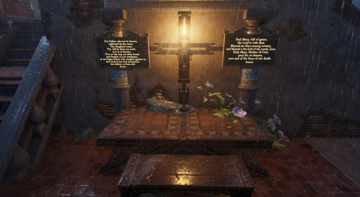 IamBirdMomma's tweet photo. First image is a screenshot I took yesterday from the Ark build on the Hicktopia server. The image is of the altar I made, it took me 20 mins to get the cross in the wall just right lol. Oh and I learned you cant have a sign that says 'thee' or 'womb' got to love those chat filters.
Second image is I asked Grok to make it lifelike and to add the full prayers to the signs.