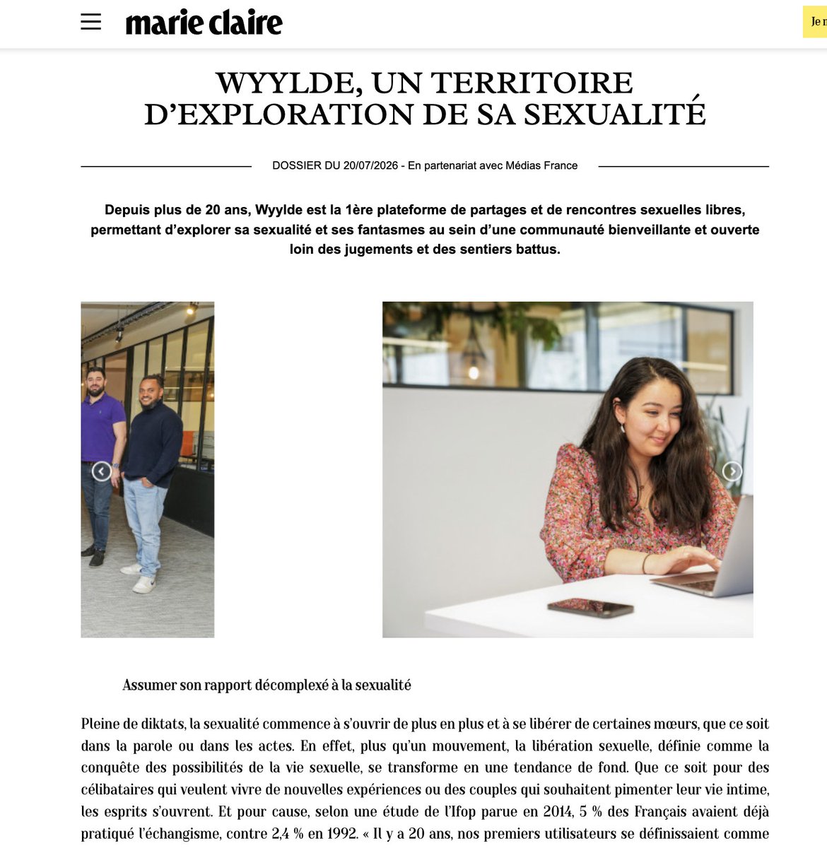 Louis__p__'s tweet photo. Le site "libertin" Wyylde. A gauche, ce qu'un brand content bas du front made in @marieclaire en dit. 
A droite, la réalité de cette immonde plateforme (via l'enquête du Monde).

Les média ayant recours au brand content aveugle contre quelques sous devraient avoir honte. https://t.co/La5IcXLBFq