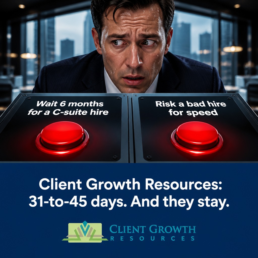 JobsCgc's tweet photo. The executive hiring trap: bleed money waiting 6 months for the perfect fit, or risk the company culture on a fast hire. You don't have to push either button. We place C-suite leaders in 31 to 45 days. And they actually stay. #ExecutiveSearch https://t.co/he4LK4e7Oc