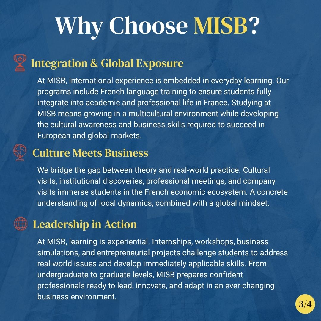 SchoolMisb2024's tweet photo. Your future in business starts here.
Explore our internationally recognized programs designed to help you build the skills, knowledge, and leadership needed for tomorrow.
#BusinessSchool #studyinfrance #highereducation #FutureLeaders #October2026Intake https://t.co/Xj0BaJKSPX