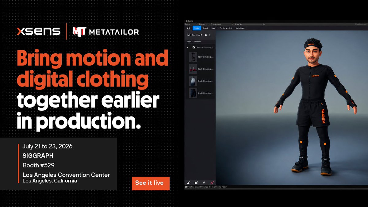 XsensEnt's tweet photo. Xsens and @METATAILOR_App bring motion and digital clothing together earlier in production. 🤝

See how clothing fits and moves using live Xsens mocap at #SIGGRAPH2026.

📅 July 21 to 23
📍 Booth #529
🌎 Los Angeles, Convention Center

#Xsens #METATAILOR #Mocap #MotionCapture https://t.co/yMlmSmVn5s