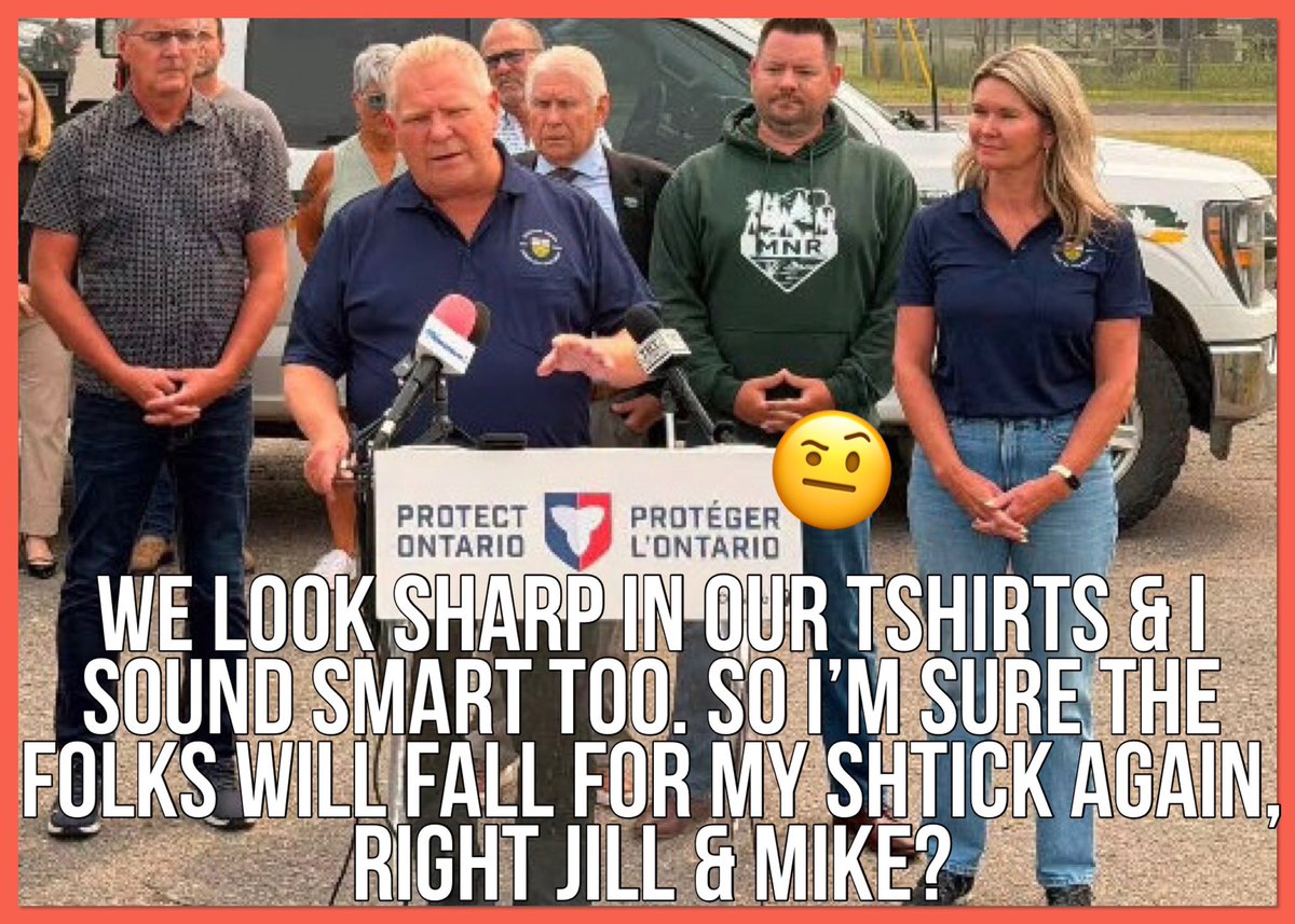 portagebaygirl1's tweet photo. I wonder if Doug realizes we don’t believe a word he says. Showing up with his 2 clapping seal Ministers dressed up in their MNR Ontario branded clothing, standing behind their “Protect Ontario” sign, when they’re doing everything BUT protecting us. https://t.co/vK7oVwFbTF