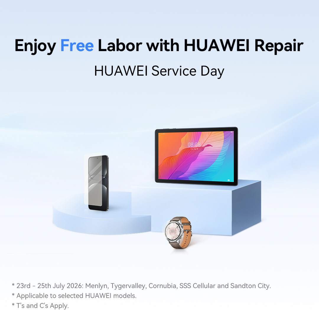 HuaweiZA's tweet photo. 📢📢Join us for a day of giving back! 

Enjoy FREE labor and get a brand new screen protector for your device...Don’t miss out!

Menlyn, Tygervalley, Cornubia, Sandton City and SSS Cellular: 23-25 July 2026

For more info: https://t.co/gHn6Zs0sb2

Only applicable to selected models
T's & C's Apply