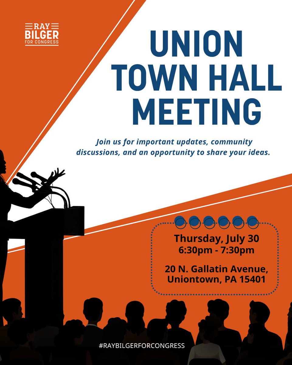 Bilger4Congress's tweet photo. Join us at the Union Town Hall Meeting for a chance to engage with the community and share your thoughts. See you on July 30th for insightful discussions.
#UnionTownHall #CommunityEngagement #JoinUs #DiscussIdeas #LocalEvent #CivicParticipation #MeetYourNeighbors https://t.co/O2A7DmnXph