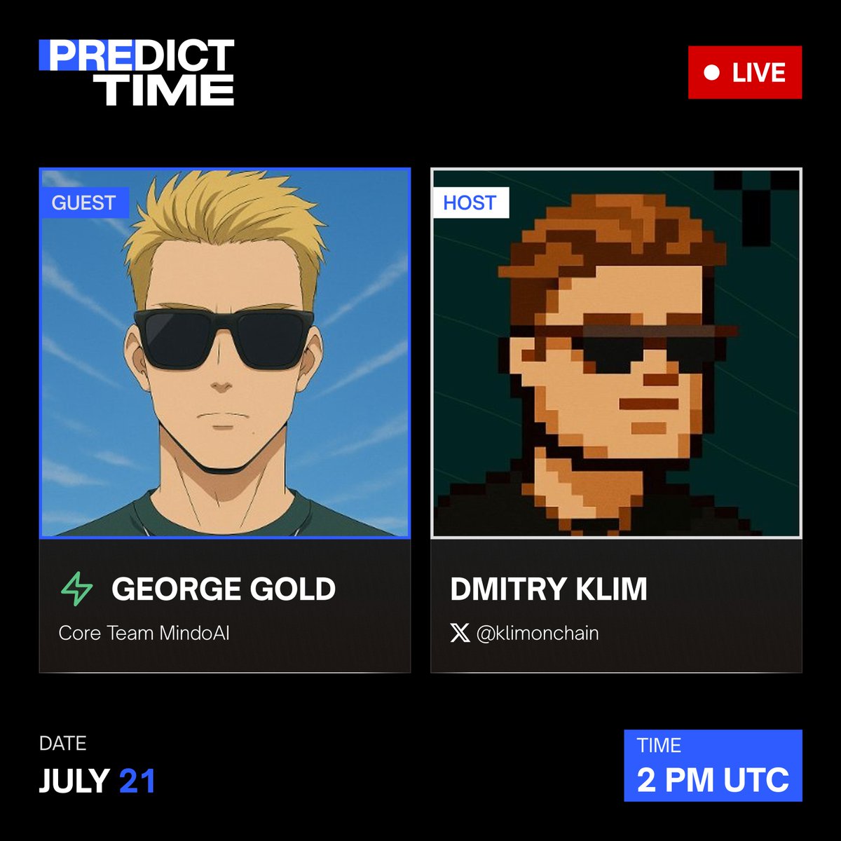 predicttime_'s tweet photo. The AI that brings projects real trading volume

250K+ creators, 200+ on-chain and social metrics, one scoring engine that separates who actually drives volume and sales from who's just loud

We'll talk about how @MindoAI works, who's behind the project, the standout campaign with @useTria with a reward pool of up to $1.5M USDT, and what's next

Live on Predict Time LIVE -
@George_Goldroar, Core Team Mindo AI

July 21, 2:00 PM UTC

Don't miss it