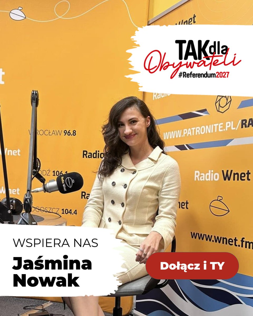 TAKdlaObywateli's tweet photo. 𝗚ł𝗼𝘀 𝗼𝗯𝘆𝘄𝗮𝘁𝗲𝗹𝗶 𝘇𝘆𝘀𝗸𝘂𝗷𝗲 𝗺𝗼𝗰𝗻𝗲𝗴𝗼 𝘀𝗽𝗿𝘇𝘆𝗺𝗶𝗲𝗿𝘇𝗲𝗻́𝗰𝗮! 📣

Do grona osób wspierających inicjatywę „TAK dla Obywateli” dołączyła właśnie 𝗝𝗮𝘀́𝗺𝗶𝗻𝗮 𝗡𝗼𝘄𝗮𝗸 – dziennikarka i komentatorka polityczna związana z 𝗥𝗮𝗱𝗶𝗲𝗺 𝗪𝗻𝗲𝘁 oraz 𝗡𝗲𝘄𝘀𝗺𝗮𝘅 𝗧𝗩.

Dlaczego to dla nas ważne? Ponieważ niezależne dziennikarstwo i oddolne ruchy obywatelskie mają dokładnie ten sam cel: dążenie do prawdy, transparentności i oddanie głosu ludziom, a nie partyjnym gabinetom. Wsparcie od osoby, która na co dzień patrzy władzy na ręce w Polsce i za granicą, to dla nas ogromny motywacyjny kop do dalszego działania!

𝗝𝗮𝘀́𝗺𝗶𝗻𝗮, 𝘄𝗶𝗲𝗹𝗸𝗶𝗲 𝗱𝘇𝗶ę𝗸𝗶 𝘇𝗮 𝗧𝘄𝗼𝗷𝗲 𝘇𝗮𝘂𝗳𝗮𝗻𝗶𝗲, 𝗲𝗻𝗲𝗿𝗴𝗶ę 𝗶 𝘄𝗶𝗮𝗿ę 𝘄 𝗻𝗮𝘀𝘇 𝗽𝗿𝗼𝗷𝗲𝗸𝘁! 𝗪𝗶𝘁𝗮𝗺𝘆 𝗻𝗮 𝗽𝗼𝗸ł𝗮𝗱𝘇𝗶𝗲 𝗶 𝗰𝗶𝗲𝘀𝘇𝘆𝗺𝘆 𝘀𝗶ę 𝗻𝗮 𝘄𝘀𝗽𝗼́𝗹𝗻ą 𝗱𝗿𝗼𝗴ę. 🤝✨

Działamy razem, bez kompromisów. ✌️🇵🇱

⚡ 𝗧𝘄𝗼́𝗿𝘇 𝘁𝗲𝗻 𝗿𝘂𝗰𝗵 𝗿𝗮𝘇𝗲𝗺 𝘇 𝗻𝗮𝗺𝗶!
Każda osoba, każda lokalna akcja i każdy podpis przybliżają nas do celu. Zarejestruj się w naszym systemie i zobacz, jak możesz pomóc w swojej okolicy:
👉 https://t.co/XkxWidxsfW

#TAKdlaObywateli #Referendum2027 #DemokracjaBezpośrednia

https://t.co/XkxWidxsfW