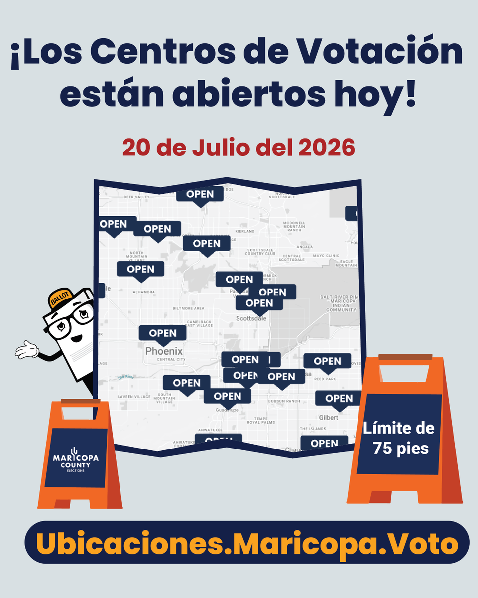 MaricopaVote's tweet photo. ¡Los Centros de Votación están abiertos hoy, 20 de julio de 2026! Los votantes que no puedan acudir a un Centro de Votación el Día de la Elección pueden emitir su voto al encontrar una ubicación y consultar el horario de operación en https://t.co/dw8rgNbFSS. https://t.co/7ZfTf4JKO8