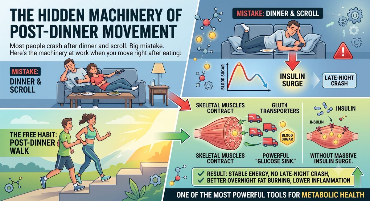 DrKristieLeong's tweet photo. How a simple 15-minute walk after dinner alters your cellular mechanics. 🚶‍♀️

Most people crash after dinner and scroll. Big mistake.

Here’s the hidden machinery at work when you move right after eating:

Your skeletal muscles contract → trigger GLUT4 transporters to the cell surface → act as a powerful “glucose sink.”

Blood sugar gets rapidly pulled into working muscles without needing a huge insulin surge.

Result? Stable energy, no late-night crash, better overnight fat burning, and lower inflammation.

This free habit is one of the most powerful tools for metabolic health.

Action Plan:

After your next dinner, lace up and walk 10-15 minutes. 

Make it non-negotiable.

How soon after eating do you usually move? 👇

#BloodSugar 
#PostMealWalk 
#MetabolicHealth