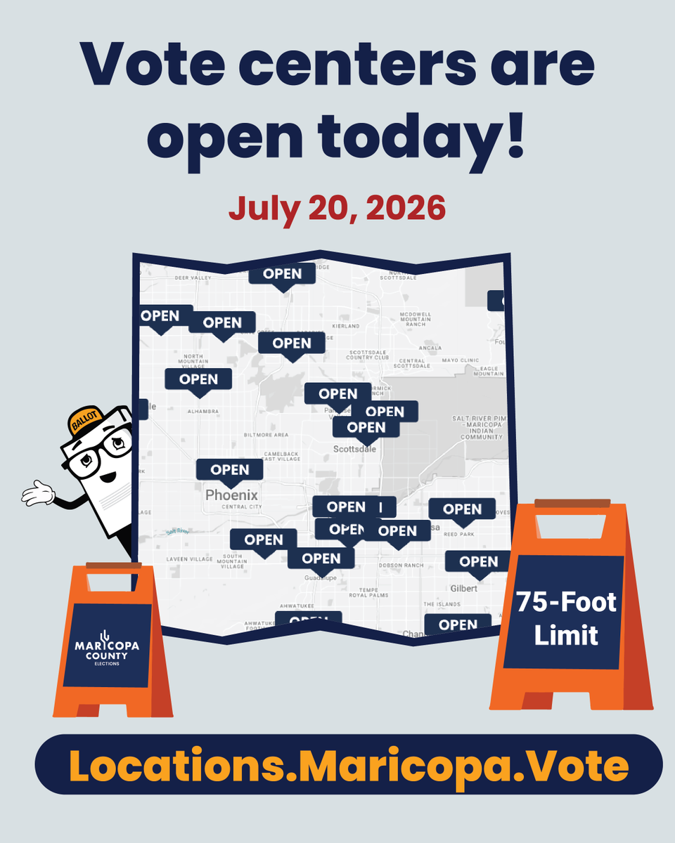 MaricopaVote's tweet photo. Vote centers are open today, July 20, 2026! Voters who cannot head to a vote center on Election Day can cast a ballot by finding a location and hours operation at https://t.co/8YEmXceagl! https://t.co/K5KXSyFIfx