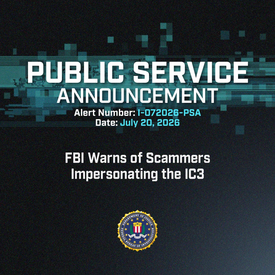 Public service announcement from the FBI warning about scammers impersonating the Internet Crime Complaint Center (IC3).