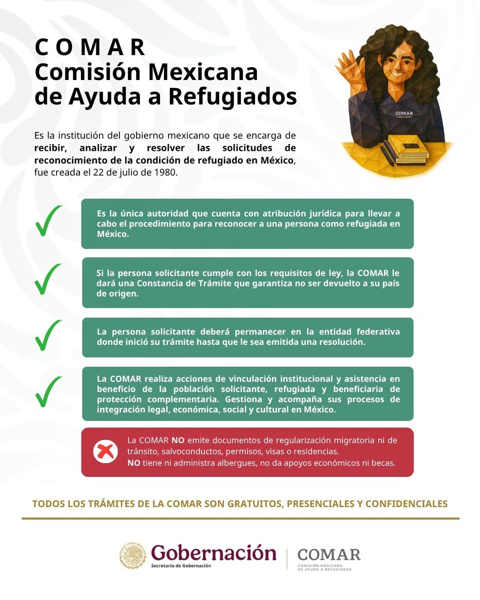 comar_sg's tweet photo. 🤔 La #COMAR es la institución encargada de atender solicitudes de reconocimiento de la condición de refugiado en México.

🌐 https://t.co/1tiLFMWXe1 https://t.co/8CE7i53rsu