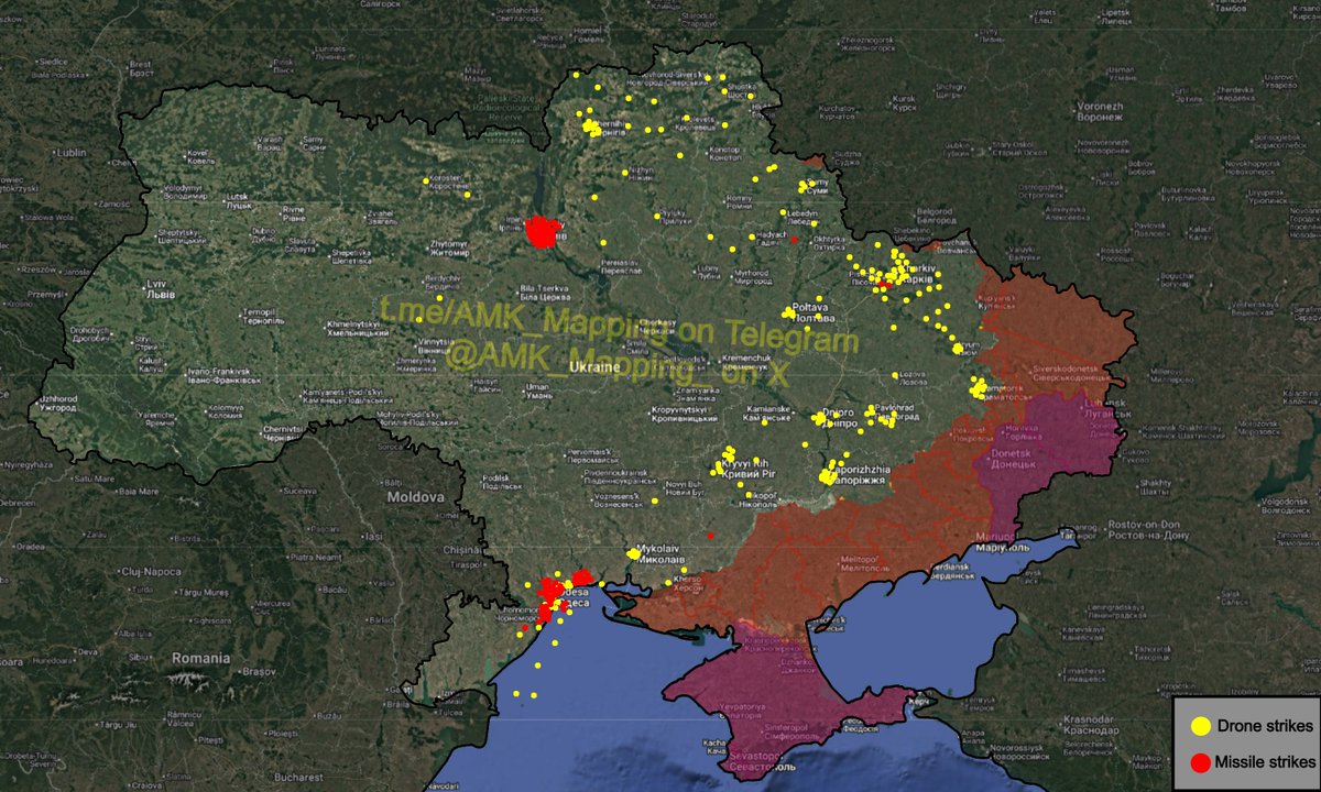 AMK_Mapping_'s tweet photo. Summary of Russia's missile and drone attacks on Ukraine over the last week (July 13-19, 2026):

The following was launched:

~ 44 Kh-59/69 cruise missiles
~ 42 Iskander-M ballistic missiles
~ 16 modified S-400 ballistic missiles
~ 7 Kh-31P anti-radar missiles
~ 6 Zircon hypersonic cruise missiles
~ 5 Oniks supersonic cruise missiles
~ 4 Kh-22/32 cruise missiles
~ 822+ drones (Geran-2/3/4/5, Italmas, Gerbera, Banderol).

That's a total of ~123 missiles, of which a *minimum* of 15 were shot down (8 S-400s, 5 Kh-59/69s, 2 Iskander-Ms). 

Note: the drone count does not include FPV drones such as Molniya-1. 

Missile strikes were carried out on Odesa, Mykolaiv, Kherson, Kharkiv, Sumy, and Kyiv Oblasts, while drone strikes were carried out on Odesa, Mykolaiv, Zaporizhzhia, Dnipropetrovsk, Donetsk, Kharkiv, Sumy, Poltava, Chernihiv, Kyiv, Vinnytsia, and Zhytomyr Oblasts. 

Note: The locations shown on the map are approximate. One dot does not necessarily represent only one strike.