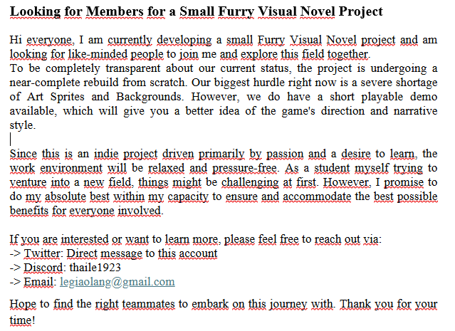 nice86811545's tweet photo. Looking for Members for a Small Furry Visual Novel Project!
very sorry if it look like a scam
This is my frist time doing something like this so 
Hope and thankfully to everyone! https://t.co/ZQXC7xNCK0