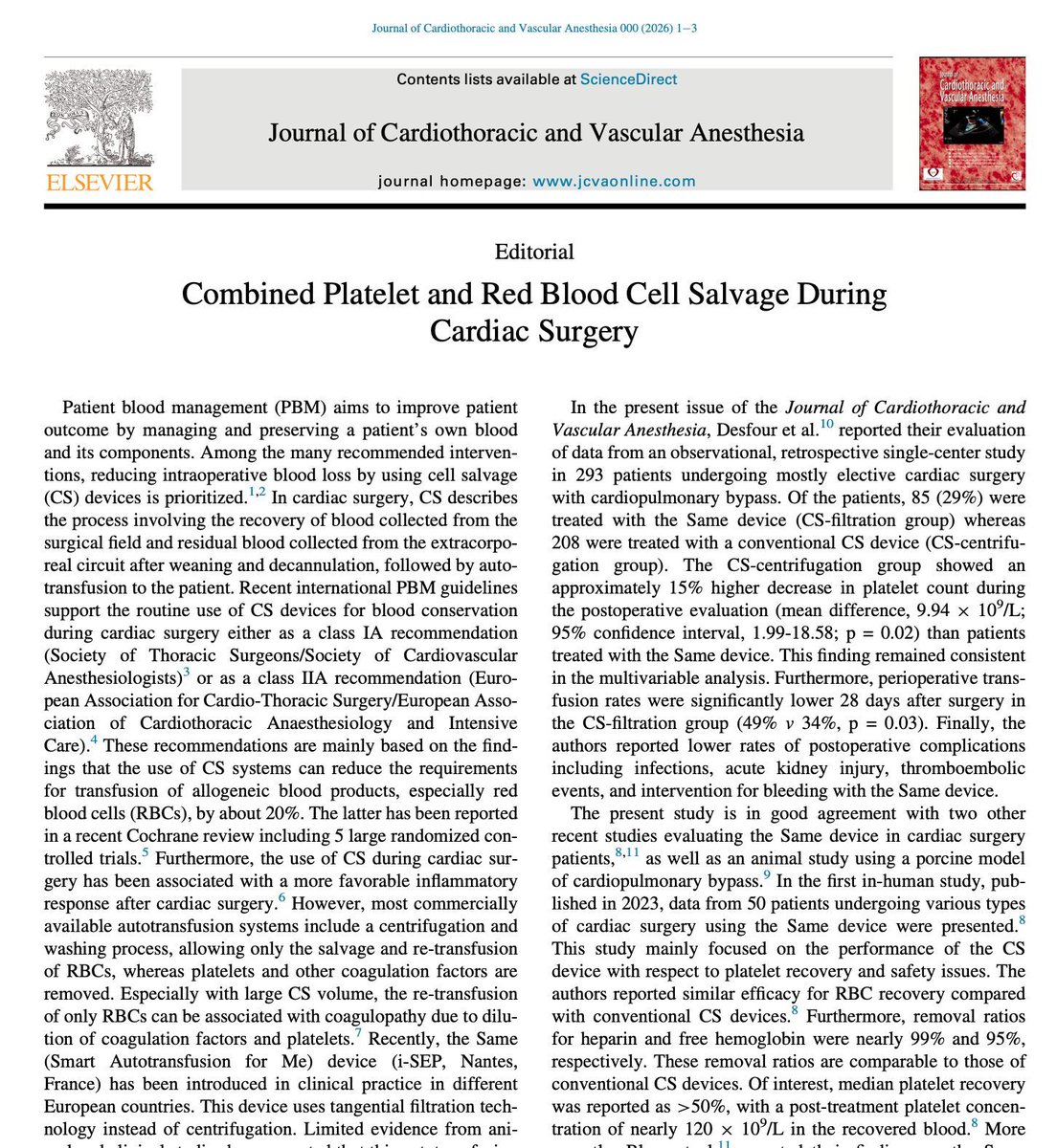 JCVAonline's tweet photo. Combined Platelet and Red Blood Cell Salvage During Cardiac Surgery 
 This editorial examines filtration-based autotransfusion, which preserved platelets and lowered transfusion needs. 
Read the editorial in JCVA. DOI: https://t.co/enVpsSSkX7 https://t.co/kiaC1i7Y9O