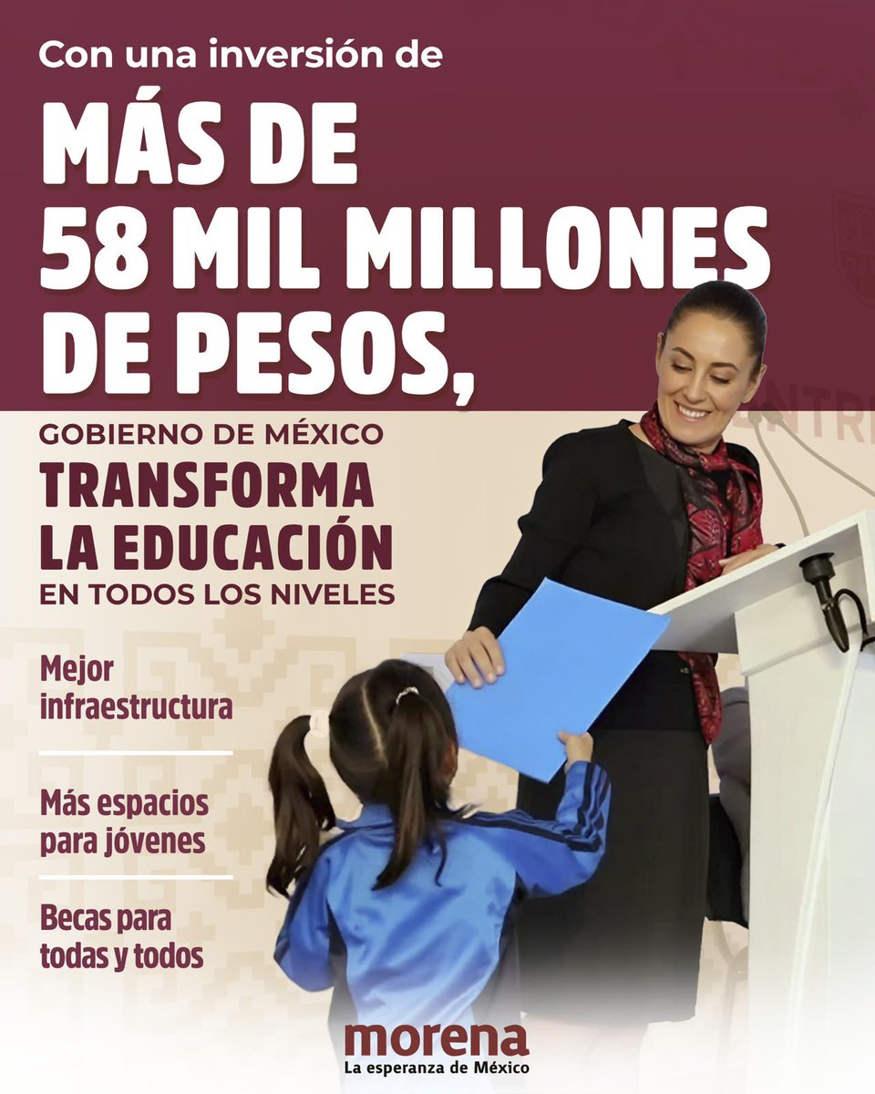 PartidoMorenaMx's tweet photo. Con honestidad y sin corrupción, el dinero del pueblo regresa al pueblo.

Con el programa La Escuela es Nuestra se beneficiarán más de 71 mil escuelas. Además, se garantiza el acceso a la educación con apoyos como las Becas Gertrudis Bocanegra. https://t.co/lMvDgeVRH7