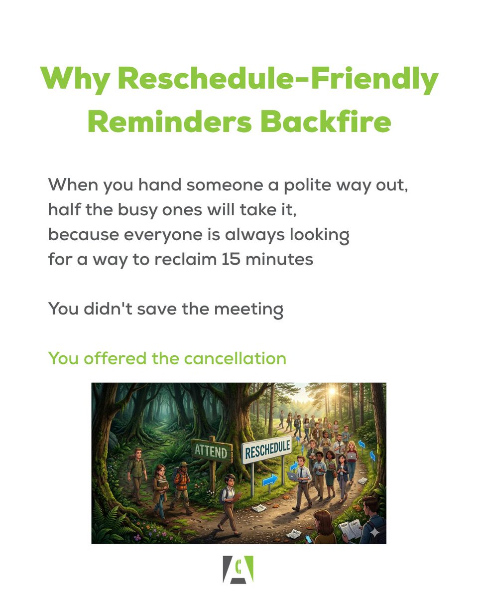 AutomaticAppts's tweet photo. PART 1
Stop sending reminders that create an escape route.
“Let me know if you need to reschedule” invites cancellations.
Assume they’re showing. Add value. Protect the meeting
#ColdCalling #AppointmentSetting #B2BSales #Reminders #ShowRate https://t.co/XXWQGx9gJu