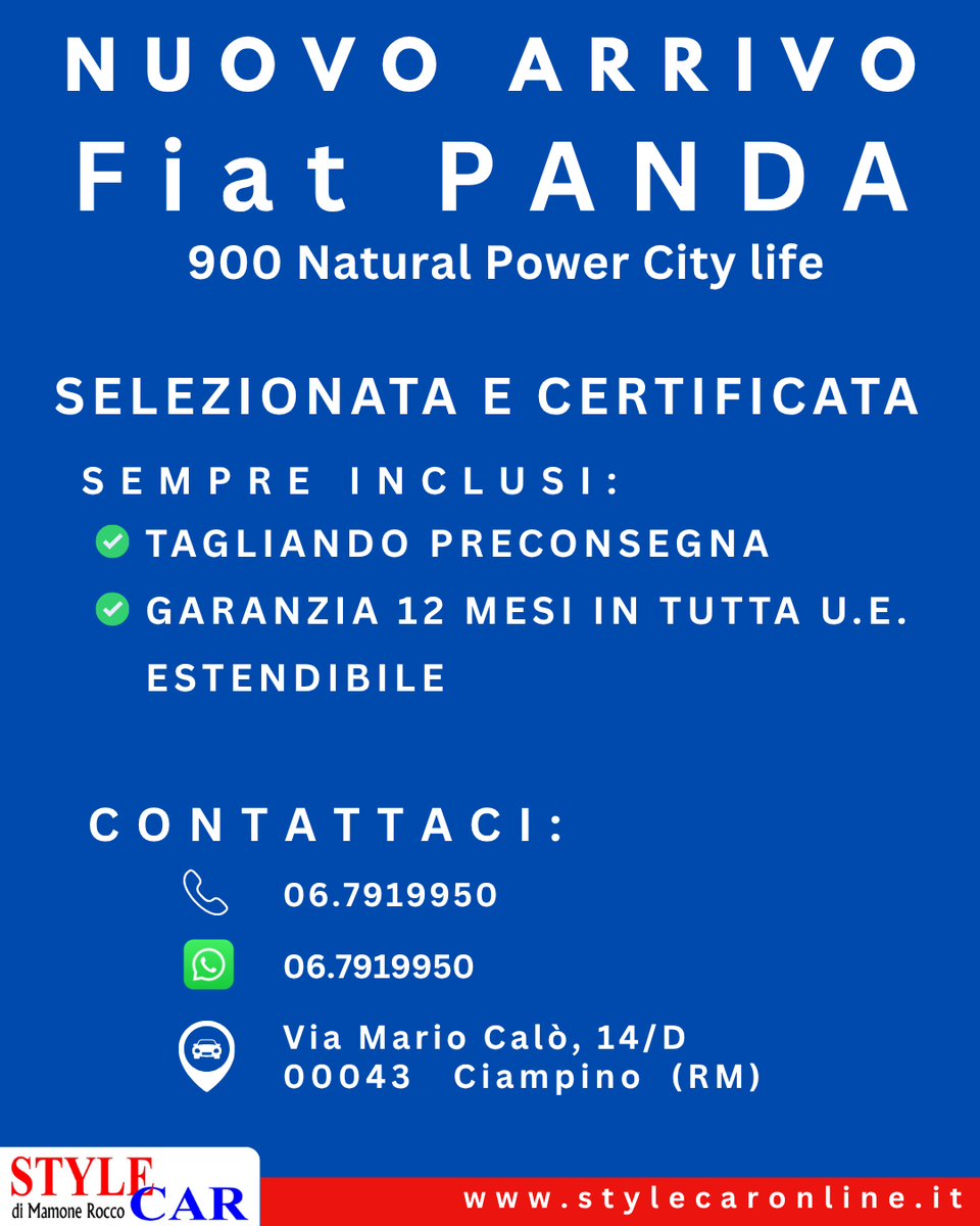 stylecaronline's tweet photo. Novità: Fiat PANDA Natural Power City life
con Android Auto/Apple Carplay
📍 Vieni a provarla!
• permuta/rottamazione
•Finanziamenti su misura
•Agevolazioni 104
🚚 Consegna TUTTA ITALIA

#fiatpanda #ecologica #fıat #ciampino #autousateroma #usatogarantito #stylecar https://t.co/h9ClERvqPP