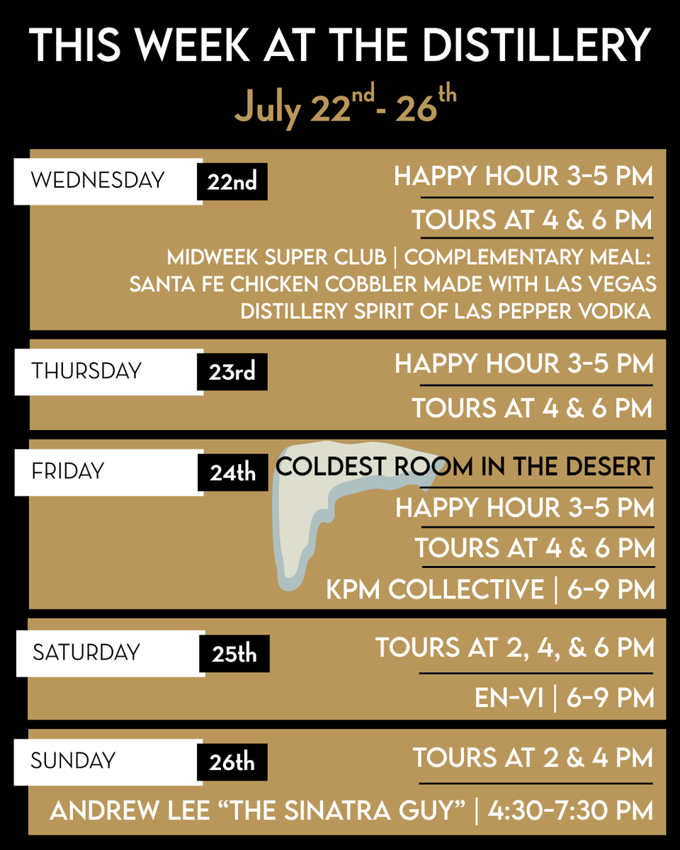 vegasdistillery's tweet photo. This week at the distillery!

No reservations required for events, must book tour in advance. First come, first served. https://t.co/wgUyX6mCwx