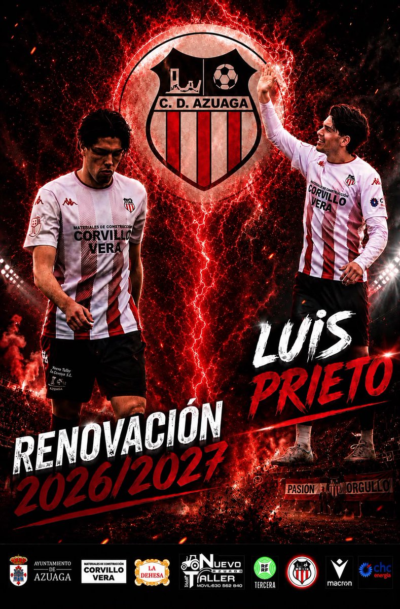 cdazuaga's tweet photo. TEMPORADA 26-27 | TERCERA RFEF

RENOVACIONES ✅ 

LUIS PRIETO, seguirá como rojiblanco. El delantero azuagueño renueva por segunda temporada consecutiva. ¡Garra y coraje para el atacante de Cisqui!¡Gracias por seguir apostando por el CD Azuaga!

#UNESCUDOUNPUEBLOUNAPASION https://t.co/Z0kr2dMMSo