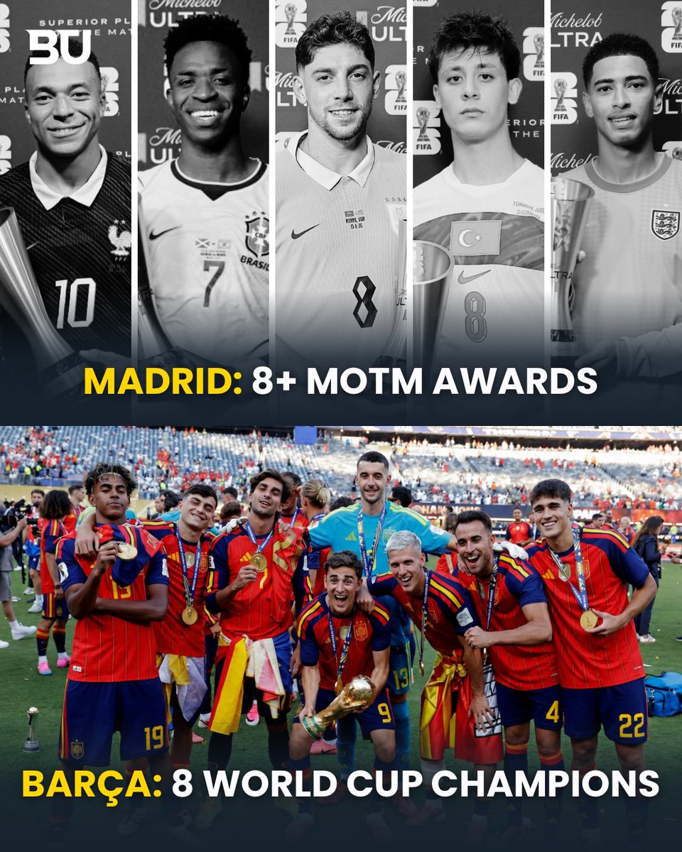 BarcaUniversal's tweet photo. Real Madrid fans spent the entire World Cup celebrating their players’ individual MOTM awards, 8+ MOTM awards for them.

Barça fans are celebrating 8 of their players becoming WORLD CUP CHAMPIONS.

That is the difference between celebrating individualistic players and celebrating a team… Barça and La Masia have won another World Cup. More than a club for a reason. 💙❤️