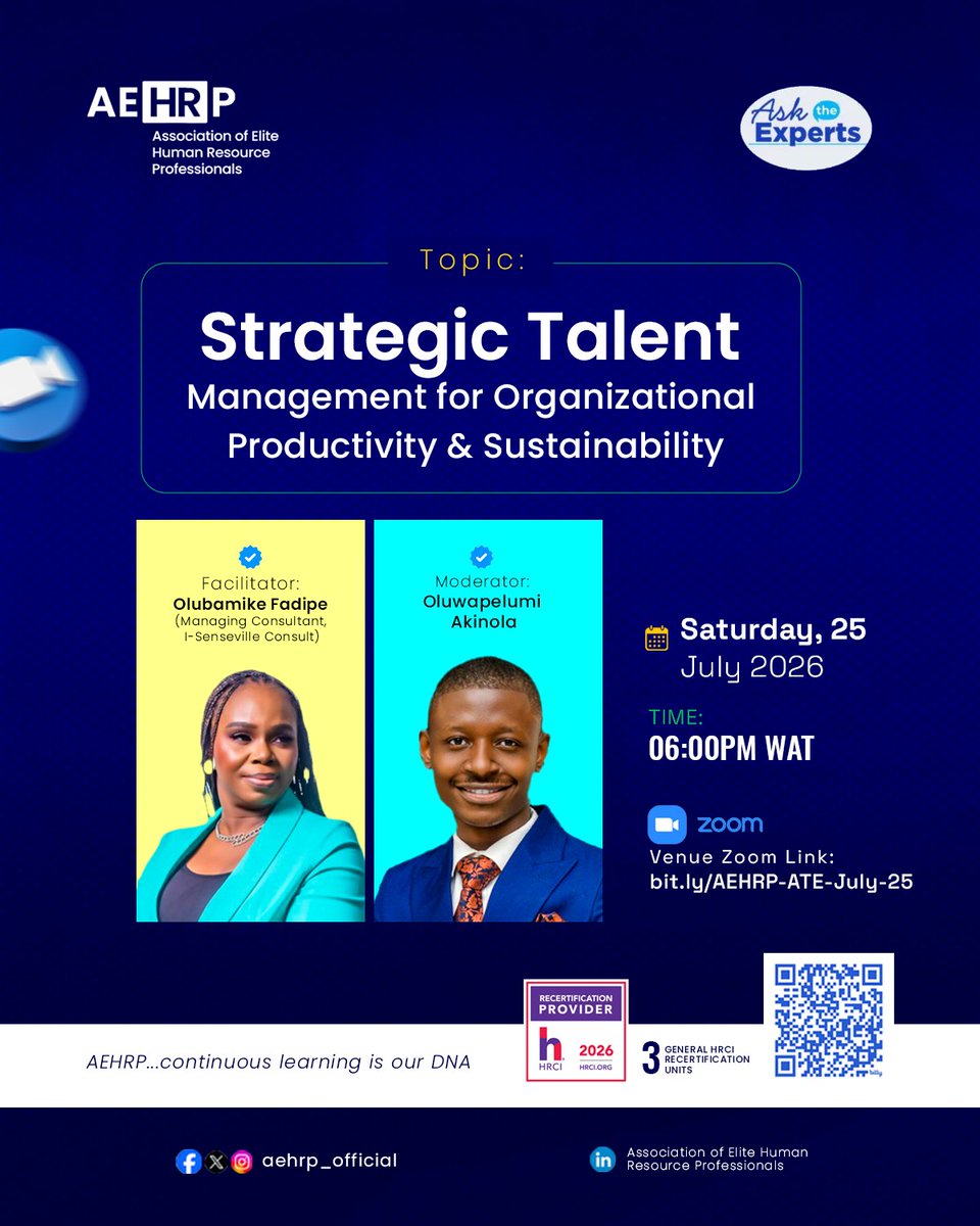 aehrp_official's tweet photo. This month on AEHRP Ask The Experts session, we’re going deep on how to manage talent strategically so your organization can thrive and stand the test of time.
https://t.co/J2vJD0yVw1
#AskTheExperts #StrategicTalentManagement https://t.co/MKFmd0XFsz