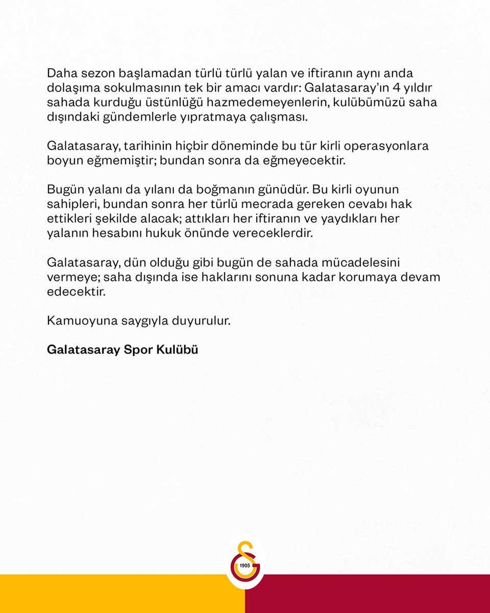bpthaber's tweet photo. Galatasaray'ın paylaşımı:

"Bugün yalanı da yılanı da boğmanın günüdür. 

Galatasaray, tarihinin hiçbir döneminde bu tür kirli operasyonlara boyun eğmemiştir, eğmeyecektir.

Bu kirli oyunun sahipleri, bundan sonra her türlü mecrada gereken cevabı hak ettikleri şekilde alacak." https://t.co/1L4T0Cl0Pl