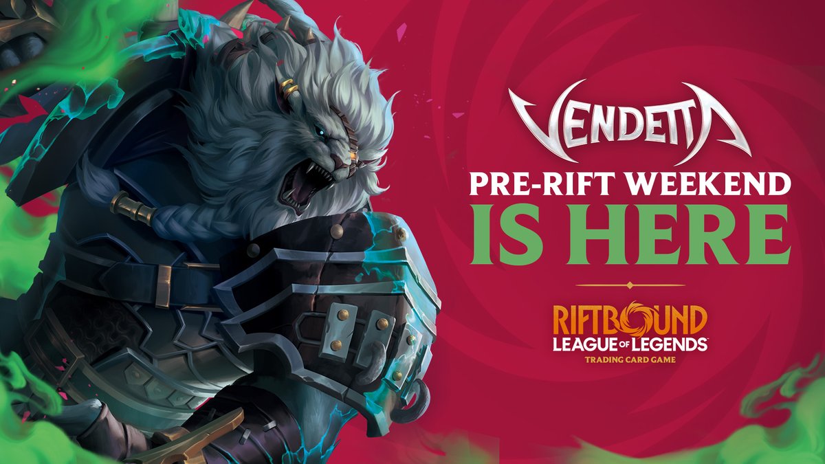 playriftbound's tweet photo. The rivalry begins this Friday. ⚔️ Vendetta Pre-Rift events are your first chance to crack packs, build decks, and battle with the newest set. Check out the event locator to find a store near you and get in on the action early! #RBVendetta

Article: https://t.co/6PpIbTN5XR https://t.co/CKcSH7BShZ