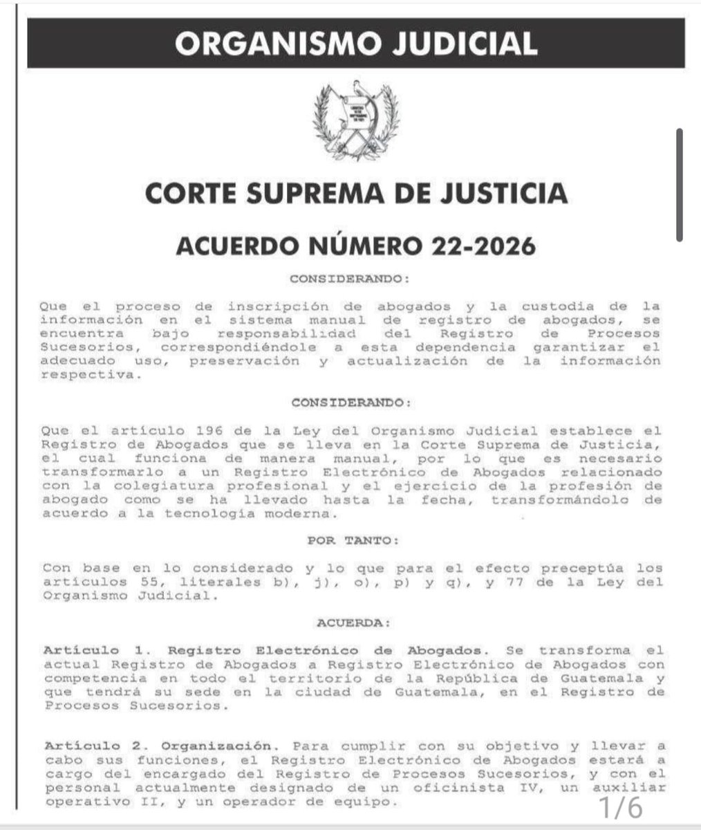 EmisorasUnidas's tweet photo. #AHORA El Organismo Judicial publicó el Acuerdo 22-2026 para la Implementación del Registro Electrónico de Abogados, para contar de forma electrónica con la información, firma y sello de los profesionales del derecho | Vía Oscar Grijalva https://t.co/VmeFf0f1wV