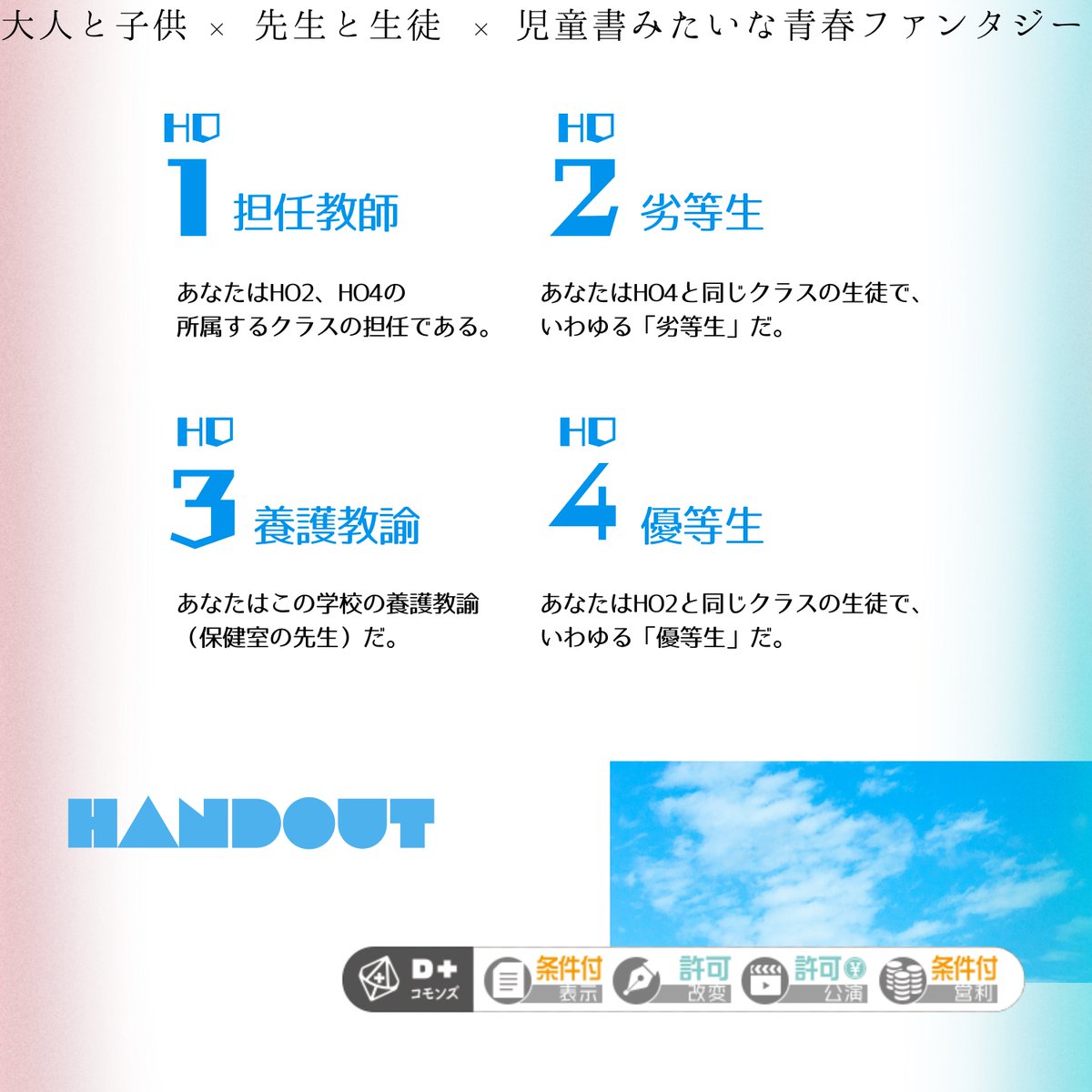 Eea_SOY's tweet photo. ｜エモクロアTRPG『シークレット・スクール・リレイション』

_____あの夏、僕たちは秘密を共有した！

◇先生と生徒 × 児童書っぽい青春ファンタジー
◇秘匿HO制4PL

#ポットラックパーティー企画2026_新規

ひと夏の思い出を持ってきました
よろしくお願いします🌻

｜BOOTH
https://t.co/FT9wFJDOra https://t.co/xcZEdwQRcY