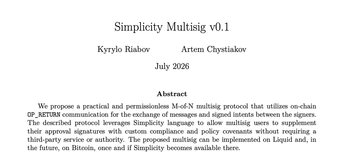Arvolear's tweet photo. This may be controversial and not privacy-preserving in the best way, but I still want to share this idea.

A multisig protocol where it is just you, the front end, and the chain. No downtime. No other off-chain medium or service. Where Simplicity enables custom policy enforcement rules and multisig spending conditions.

This is a very early experiment to showcase what can be developed with Simplicity. Thus, the paper is not affiliated with Blockstream.