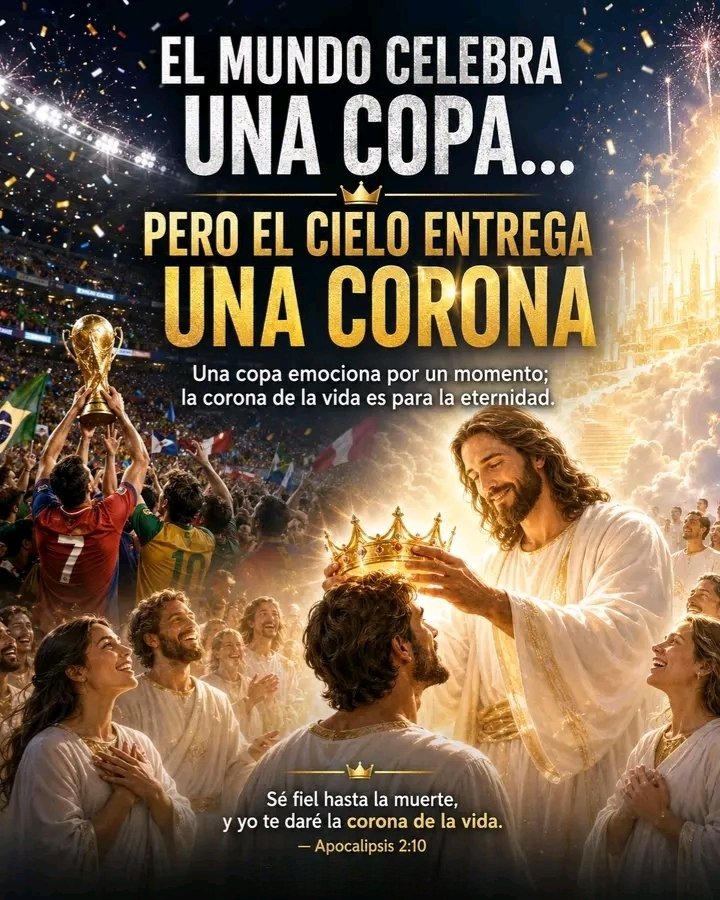 hduben's tweet photo. ¡Disfruta lo temporal, pero no descuides lo eterno!
Porque ganar una copa puede emocionar al mundo, pero recibir la corona de la vida valdrá por toda la eternidad.
¿Amén?
#CoronaDeVida #JesúsMeDará #VidaEterna #FeYEsperanza https://t.co/JwbvIJNwiE