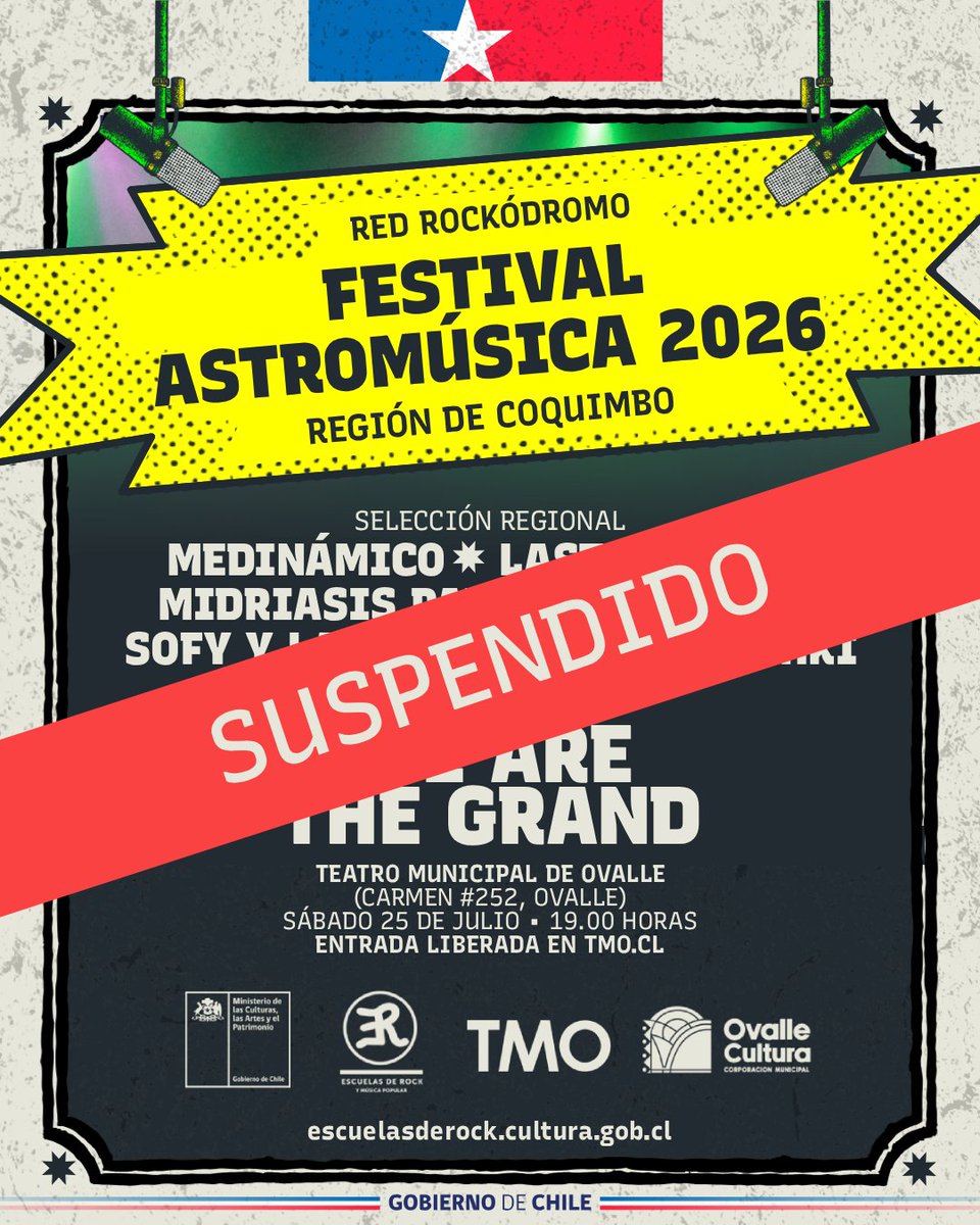 EscuelasdeRock's tweet photo. Debido a la emergencia provocada por el sistema frontal que afecta al país, se suspende el Festival Astromúsica 2026, el cual estaba programado para el próximo sábado 25 de julio en el Teatro Municipal de Ovalle. Pronto informaremos sobre su reprogramación. https://t.co/82Z15X7A9p