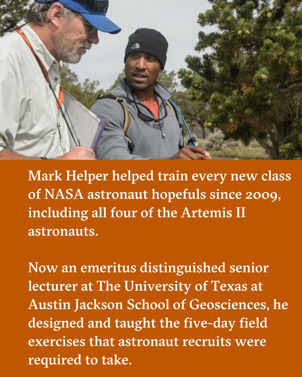 UTAustin's tweet photo. 🌕 From the Forty Acres to the far side of the Moon.

Before venturing into the final frontier on the historic @NASA Artemis II mission, the crew trained with @txgeosciences' Mark Helper, learning how to read landscapes, identify rock formations and interpret geologic history: https://t.co/lRZrGegvW4