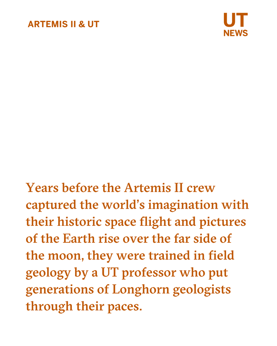 UTAustin's tweet photo. 🌕 From the Forty Acres to the far side of the Moon.

Before venturing into the final frontier on the historic @NASA Artemis II mission, the crew trained with @txgeosciences' Mark Helper, learning how to read landscapes, identify rock formations and interpret geologic history: https://t.co/lRZrGegvW4