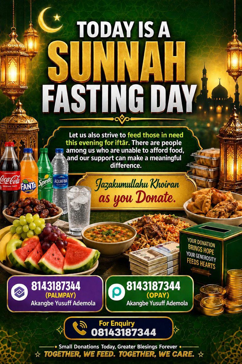 charitablefo's tweet photo. TODAY IS A SUNNAH FASTING DAY

Let us also strive to feed those in need this evening for iftār. There are people among us who are unable to afford food, and our support can make a meaningful difference.

Jazakumullahu Khoiran as you Donate. https://t.co/oLFZlOGOjY
