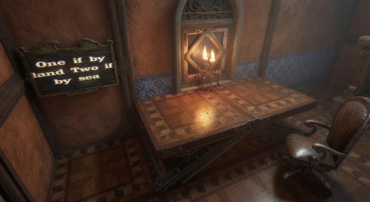 IamBirdMomma's tweet photo. Another shot from thr #arkbuild first image is from the desk in the bedroom. The glow from the window looks neat so I added 2 torches and left a sign so when the judges come round they get the reference.
Second image is Grok's lifelike rendition. https://t.co/oheBml3xx5