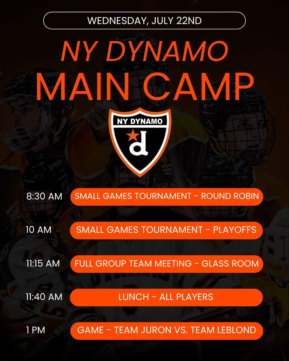 nydynamoncdc's tweet photo. Dynamo @NCDCJrHockey Main Camp starts today! Take a look at our itinerary over the next few days.
#NYDynamo #NCDC #USPHL #MainCamp https://t.co/LBX3FJHM93