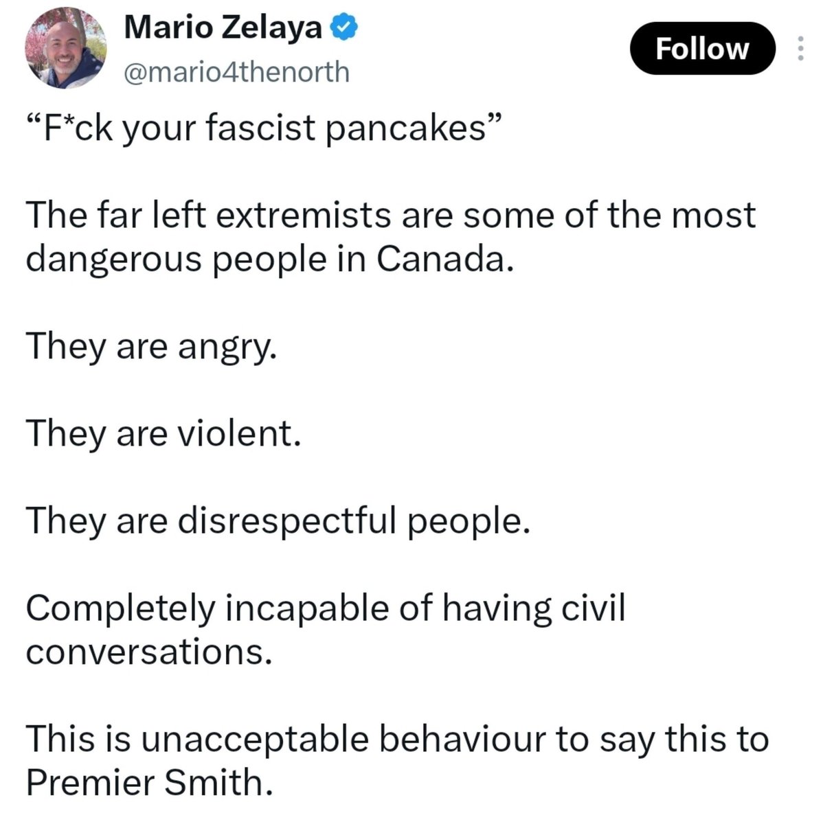HenriAGS's tweet photo. The "Fuck Trudeau" people are offended by disrespectful language 🙄

The people that committed terrorism in Ottawa, that threatened to kill the PM, that verbally assaulted multiple Liberal MPs, etc. say that "Fuck your fascist pancakes" is violence

Can dish it, but can't take it https://t.co/3I4rUeYITD