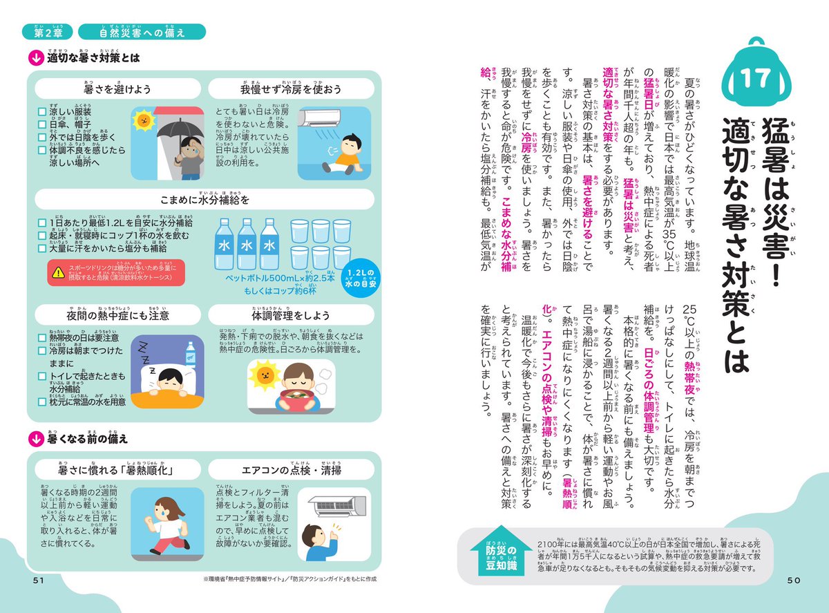 arakencloud's tweet photo. 「暑さ対策どうすればいいの？」と聞かれることがあるので、少し長くなりますがまとめます。

猛暑・酷暑は災害です。
夏の暑さは年々酷くなっており、地球温暖化の影響で日本では最高気温35℃以上の猛暑日日数が有意に増えています。2026年からは最高気温40℃以上は「酷暑日」と呼ばれるようになりました。
「昔はこんなに暑くなかった」と感じている方も多いと思いますが、その感覚は正しいです。
「昔は大丈夫だったから今も大丈夫」は全く通用しない時代になりました。

暑さは根性論や精神論で耐えられるものではありません。
暑さを無理に我慢したり我慢させたりすると、どんなに屈強な人間でも熱中症で死にます。

そもそも熱中症は、高温多湿な環境に体が合わずに起こる様々な症状の総称で、最悪の場合は命を落としたり、重大な後遺症が残ったりします。
熱中症は誰でもかかるので、「自分は大丈夫」という幻想は捨てて、暑さ対策をしてください。

具体的な暑さ対策です。

暑さ対策の基本は、暑さを避けることです。
我慢をせずに冷房を使用してください。もし冷房が壊れて使用できないような場合には、日中は涼しい公共施設などを利用して安全に過ごしてください。
「命に関わる危険な暑さ」といわれるような日には屋外活動はしないほうがいいですが、どうしても外出する必要がある場合には涼しい服装で日傘や帽子を使用し、なるべく日陰を歩いてください。

また、こまめな水分補給が必須です。
1日あたり最低1.2Lを目安に水分補給を。起床・就寝時にはコップ1杯の水を飲みましょう。
大量に汗をかいたら塩分補給も。
スポーツドリンクは糖分が多く、多量に摂取すると危険なので注意（清涼飲料水ケトーシス）。

体調管理も大切です。
発熱・下痢での脱水や、朝食を抜くなどは熱中症の危険性が高まります。日頃から体調管理を。
朝食にはお味噌汁がオススメ。

とくに高齢者と小さなお子さまは、暑い日にはいつもより気にかけてあげてください。

熱中症による死者の約8割が高齢者です。
高齢者の熱中症は半数以上が自宅で発生しています。
暑さを感じにくいためいつの間にか熱中症になっていたり、冷房と思って暖房をつけていたということも。ご家族から定期的に水分補給を促し、部屋の温度をこまめに確認するようにしてください。
暑い日の屋外の散歩や作業は止めてください。
やむを得ずいく場合には必ず複数人で行動を。ひとりが倒れても早期に気づきやすいです。

小さなお子さまは体調をうまく伝えられないことがあり、「つかれた」「ねむい」が熱中症のサインの場合も。
顔色や汗のかき方に気を付け、水分補給や暑さ・体調不良をすぐに伝えられる習慣を。
日射の影響で晴れた日の日中は地面に近いほど気温が上がります。
小さなお子さまは大人が感じるよりも高温な環境にいます。
晴れた日はマンホールなどの金属が高温になっているので、転んで触れると火傷する危険性も。公園の遊具なども同様です。
冷房の効いた涼しく安全な環境で遊びましょう。
※ペットも同じで、愛犬のお散歩は暑くない時間帯に

熱中症を疑うサインも要確認です。
軽症にはめまいや手足のしびれ、筋肉痛などがあります。そんなときは涼しい場所で体を冷やして水分補給を。
中等症では頭痛や吐き気、嘔吐などがあり、病院で受診することをおすすめします。
重症では異常な高体温、異常な発汗やまったく汗をかかなくなるほか、呼びかけても反応がおかしくなります。すぐに救急車を呼んでください。
熱中症を疑う症状が見られた場合の応急処置のフローチャートをのせておきますので、ご一読を。

暑さ対策のグッズについて。
水筒に冷えた飲料水を入れて持ち歩きましょう。塩飴や塩分入りタブレットもあると安心。
男性も日傘を使いましょう。
冷えたペットボトルで手のひらを冷やすのも有効です。

ハンディファンも人気ですが、気温35℃以上で使うと逆に危険です。
首元に濡れたタオルやハンカチを巻いて使うと効果的です。携帯用スプレーボトルに水を入れておいて、首や顔に水をかけてから使うのもおすすめ。

暑さの情報として、とりあえず覚えておいていただきたいのは「熱中症警戒アラートが発表されているときはやばい」ということです。
お住まいの地域や、離れて暮らすご家族・友人・恋人のいる地域に発表されているか、ご確認を。

重要なので何度でも言いますが、熱中症は誰でもかかります。
「自分は大丈夫」という幻想は捨ててください。
絶対に暑さを我慢したり、我慢させたりしないでください。
暑さ対策をしないと、人間は簡単に死にます。

日中に安全に屋外活動できる時間は減っています。
これまでの働き方、学び方、スポーツの在り方では命の危険を伴います。
「昔と同じ暑さではない」ことを受け入れなくてはなりません。

万全の暑さ対策をして、酷暑を生き抜いてください。