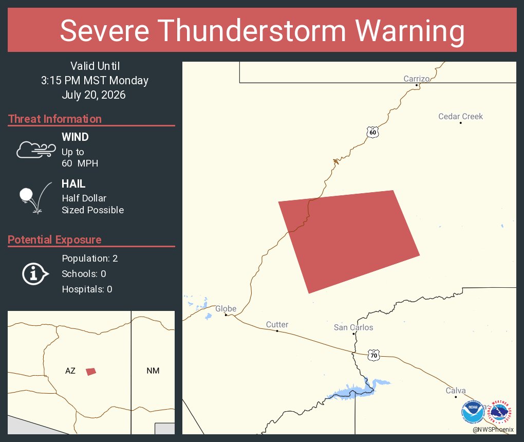 NWSPhoenix's tweet photo. Severe Thunderstorm Warning continues for Gila County, AZ until 3:15 PM MST https://t.co/WlvUVcBMed