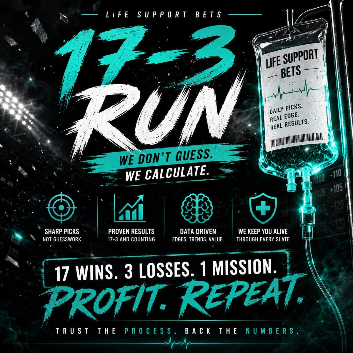 lifesupportbets's tweet photo. https://t.co/DqoeOCSWvX

📈 Current Run: 17-3 over our last 20 plays. The numbers speak louder than hype.

Join the VIP channel above and see every play documented. No hiding losses or editing.

Every play is backed by data, disciplined analysis, and bankroll management. Just a process that’s producing results.

💉 Trust the process. Get off Life Support.