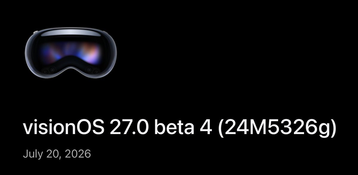 spatialinsider's tweet photo. visionOS 27 Beta 4 is now available. 

This update brings some meaningful polish and fixes to visionOS 27 features, including spatial accessories, High Quality Recording, Mac Virtual Display, Siri, Spatial Preview, and Reality Composer Pro. https://t.co/2myEwzilZt