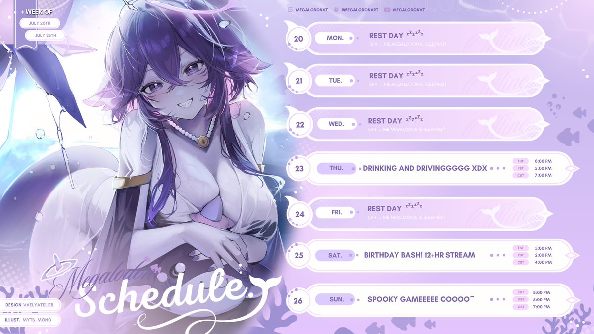 MegalodonVT's tweet photo. ────୨ৎ────
♡ Stream schedule for 07/20 - 07/26 ♡

♡ Art tag: #MegalodonArt
♡ NSFW Art tag: #Lewdodon
♡ Clips tag: #MegalodonClips
♡ Links : https://t.co/ISexbnCbzD

♡ Oshi Mark: 🦈🫧💜 https://t.co/IFPY79R3S9