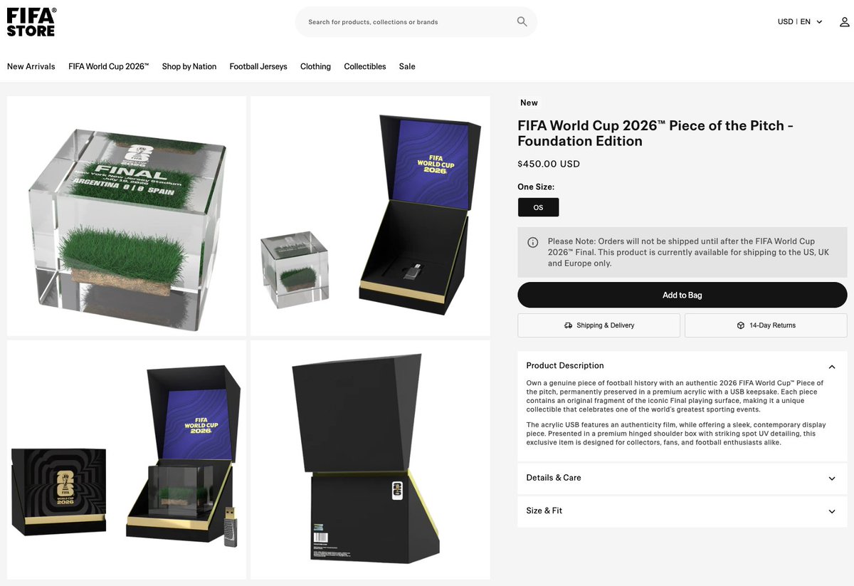 samiwsahn's tweet photo. fifa selling pieces of yesterday's pitch for $450 should be criminal 😭 https://t.co/8cmoaebBFU