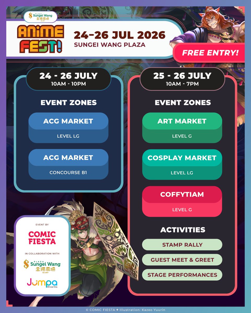 comicfiesta's tweet photo. Be sure to check out all the anime goods, event exclusives and special offers at the Anime Fest! 2026 ACG Market!

Booths will be located on Level LG of JUMPA at Sungei Wang &amp; Sungei Wang Concourse B1 on the 24th July till 26th July. https://t.co/sm3IyJlWwO