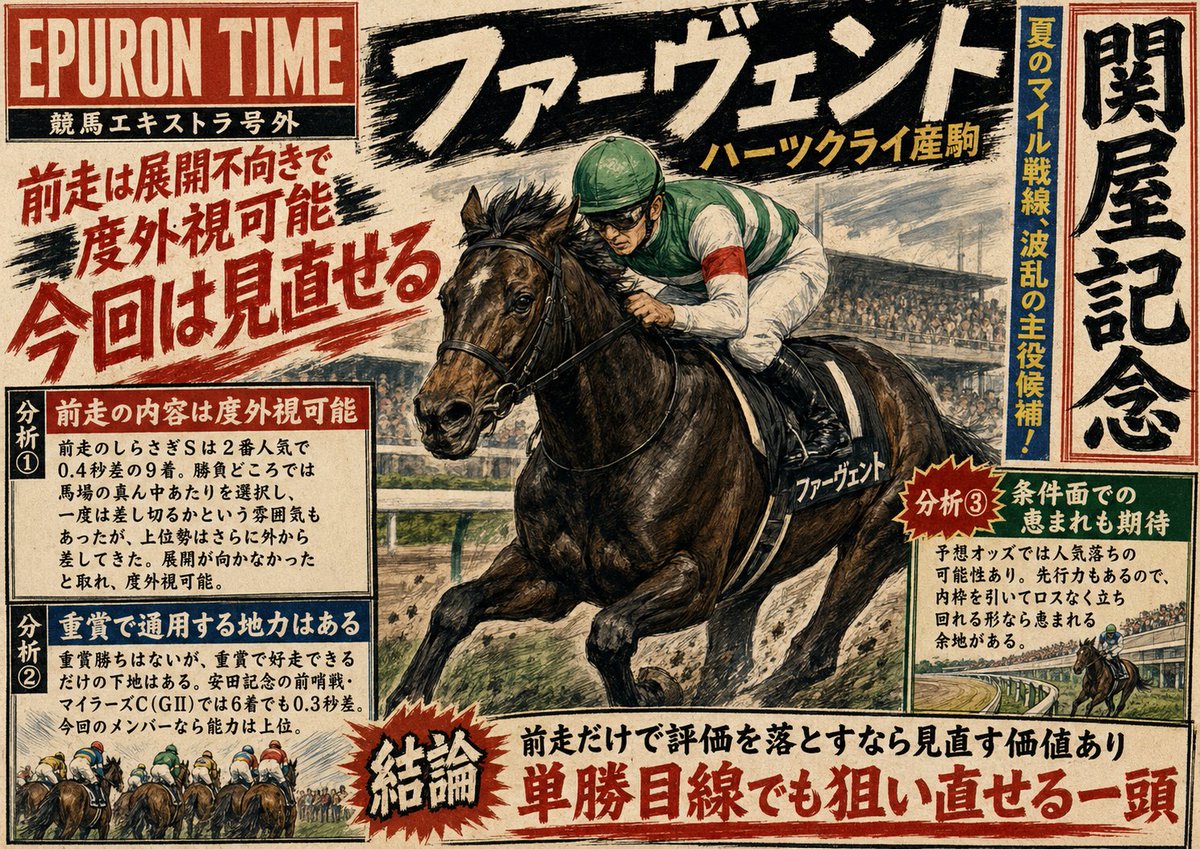 Mk296013705's tweet photo. ファーヴェント

ハーツクライ産駒。

前走のしらさぎSは2番人気に押されながら、0.4秒差の9着。
結果だけ見れば、少し物足りなく映る。
ただ、内容を見れば、そこまで悲観する必要はない。

勝負どころでは馬場の真ん中あたりを選択。
一度は差し切るか、という雰囲気もあった。

それでも、上位勢はさらに外から差してきた。
展開が向かなかったと取れるし、この敗戦は度外視可能でいいと思う。

重賞勝ちの経験こそない。
ただ、重賞で好走できるだけの下地はある。

マイラーズCでは6着。
着順だけ見れば地味だが、0.3秒差。
安田記念の前哨戦GⅡでその差なら、内容は悪くない。
今回のメンバーなら、能力は上位に見ていい。
しかも予想オッズを見る限り、人気を落とす可能性もある。

先行力もある馬。
内枠を引いて、ロスなく立ち回れる形になれば、展開の恩恵を受ける余地もある。
派手な実績で買う馬ではない。
ただ、前走の負けで評価を落とすなら話は別。

単勝目線では、見直す価値のある一頭。
#ファーヴェント
#ハーツクライ産駒
#競馬予想
#能力比較
#関屋記念
#単勝目線