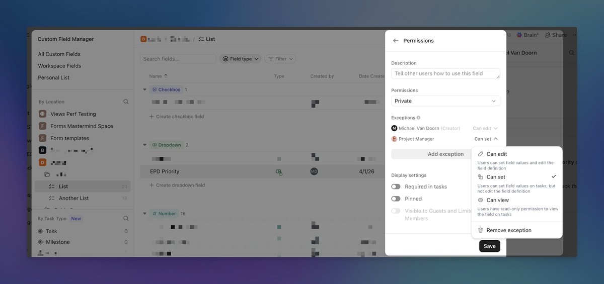 michael_vxd's tweet photo. Super Agents in ClickUp now access private Custom Fields. You pick which fields, which agents, and what permission level. The agent authenticates on its own, independent of who triggers it.

Sensitive data + AI automation. No tradeoffs. https://t.co/7zV5Z22MSy