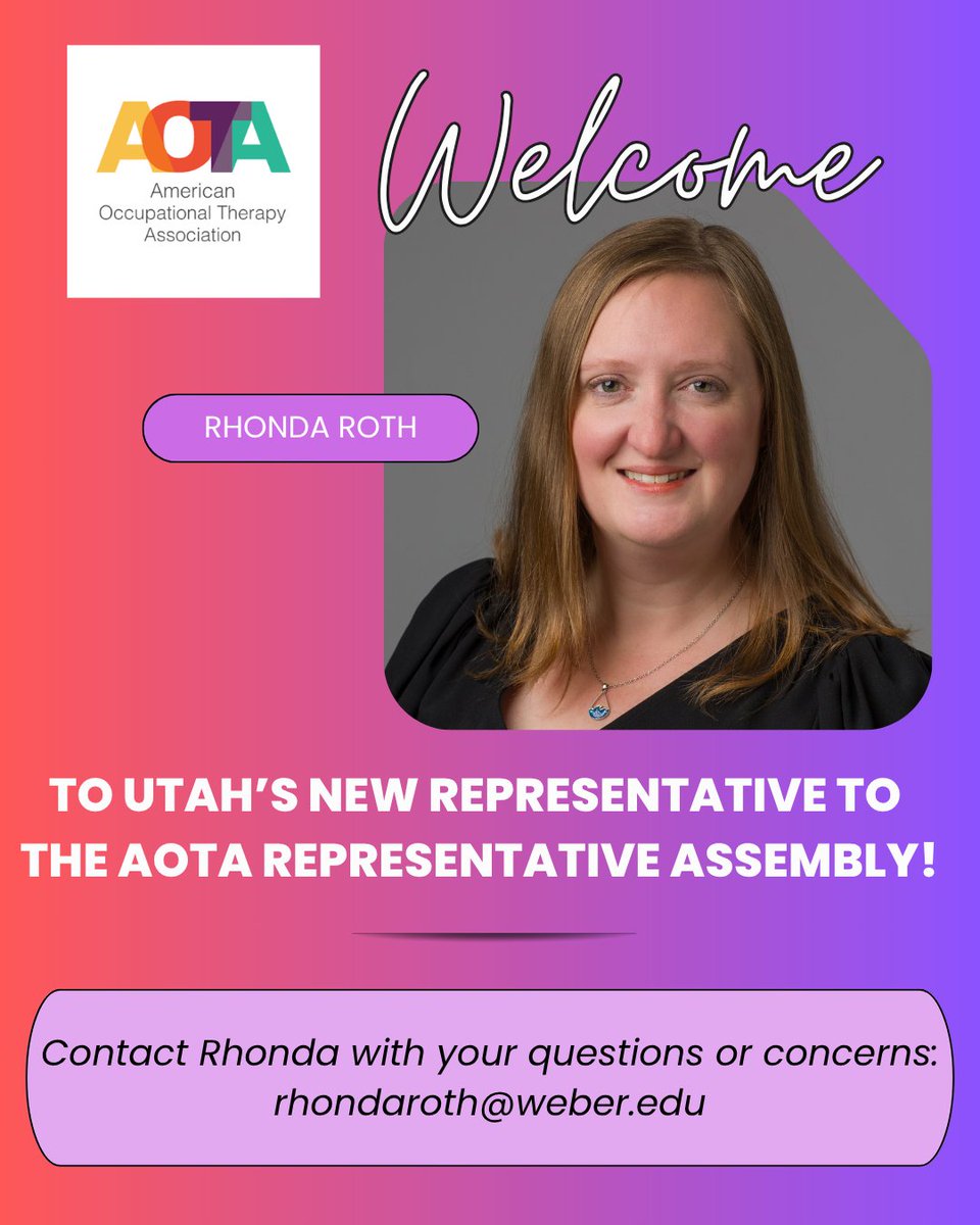 UtahOTassoc's tweet photo. Kudos to Rhonda Roth, who was elected to serve as Utah's representative to AOTA's Representative Assembly for a 3-year term (2026-2029). Thanks for your work to protect and advocate for OT practice in Utah! 🫶 Logo credit: AOTA. #utahoccupationaltherapy #UOTA #utahotassociation https://t.co/FRHuAw3wkq